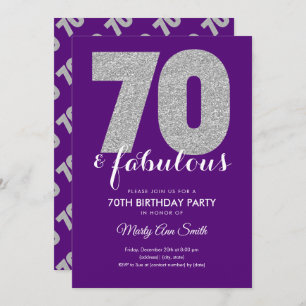 Convites Glitter Prateado Roxo 70 e Festa de aniversário fa