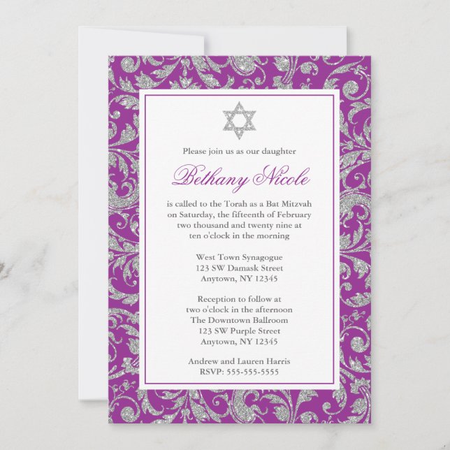 Convites Glitter prateado roxo Rodar Damask Bat Mitzvah (Frente)