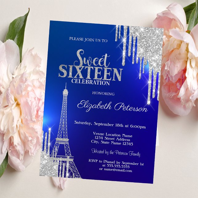Convites Glitter prateado, Torre Eiffel Blue Sweet 16 (Criador carregado)