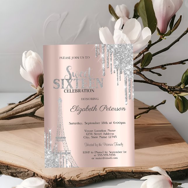 Convites Glitter prateado, Torre Eiffel Sweet 16 (Criador carregado)