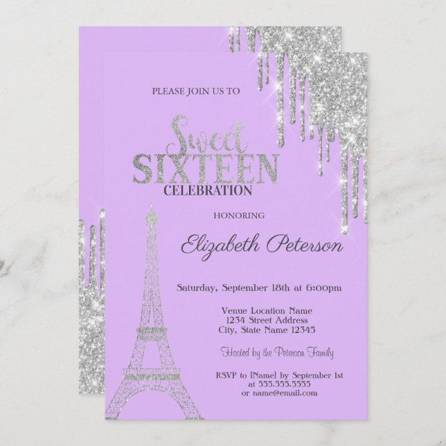 Convites Glitter prateado, Torre Eiffel Sweet 16 (Frente/Verso)