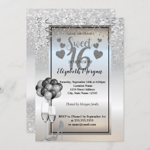 Convites Glitter prateado, vidro, ballons Doce 16 Partido