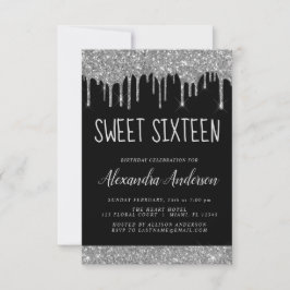 Convites Glitter Preto Silver Sparkle Elegante Sweet 16