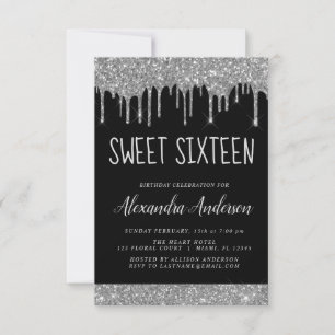 Convites Glitter Preto Silver Sparkle Elegante Sweet 16