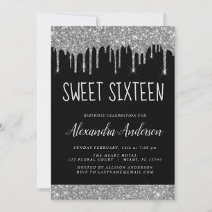 Convites Glitter Preto Silver Sparkle Elegante Sweet 16