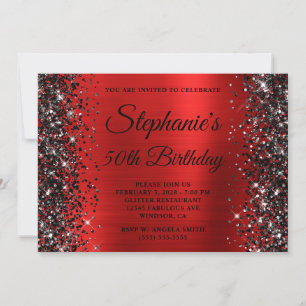 Convites Glitter Preto Vermelho Chique Monograma 50º Aniver