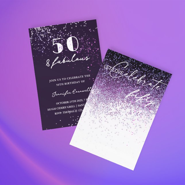 Convites Glitter Purple Confetti A QUALQUER ANO Aniversário (Fabulous Female Birthday Party Invitation)