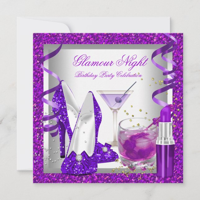 Convites Glitter Purple Glamor Night Martini (Frente)