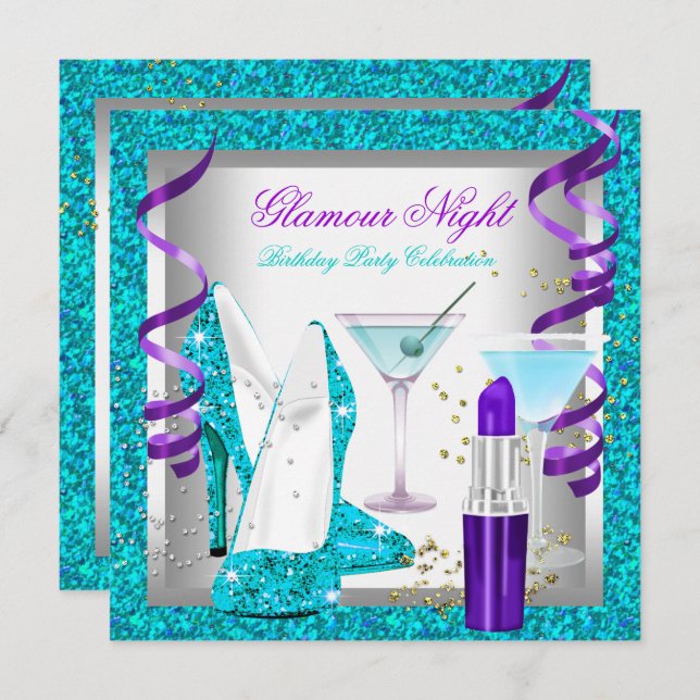 Convites Glitter Purple Teal Glamor Night Martini (Frente/Verso)