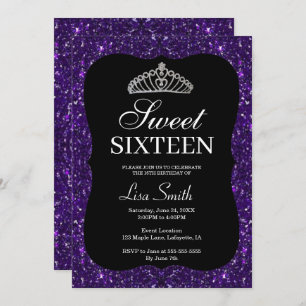 Convites Glitter Púrpura Chic Elegante Tiara Sweet 16