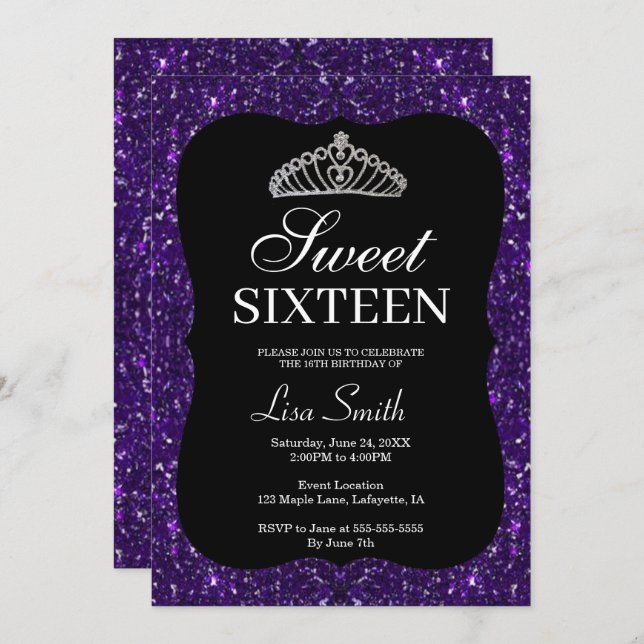 Convites Glitter Púrpura Chic Elegante Tiara Sweet 16 (Frente/Verso)