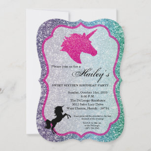 Convites Glitter Rainbow Unicorn Sweet 16 Birthday Invite