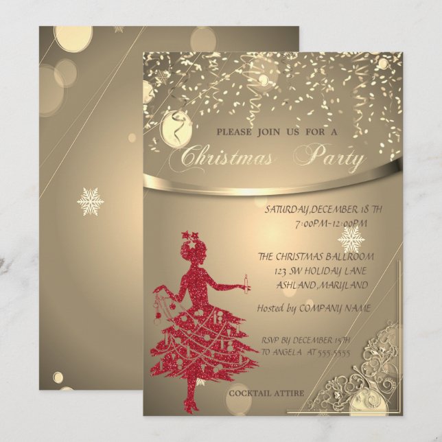 Convites Glitter Red Girl,Festa de Natal da Confetti Compan (Frente/Verso)