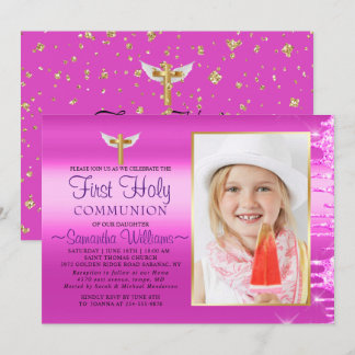 Convites Glitter Rosa Coloca Foto Primeira Comunhão