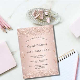 Convites Glitter rosa de aniversário faísca de metal