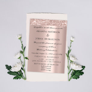 Convites Glitter Rosa de Casamento Elegante Dourado brilhan