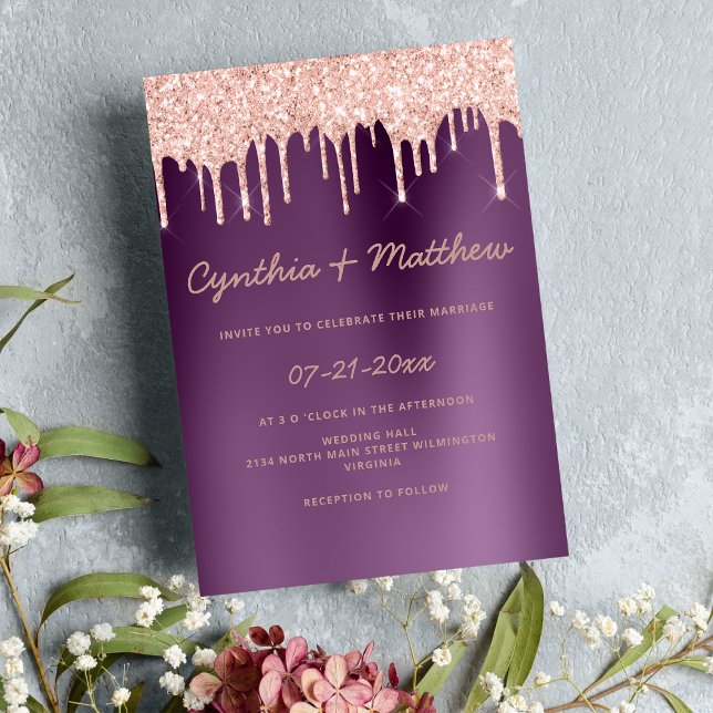Convites Glitter rosa de ouro com gradiente roxo pega pingu (Purple gradient rose gold glitter drips wedding )