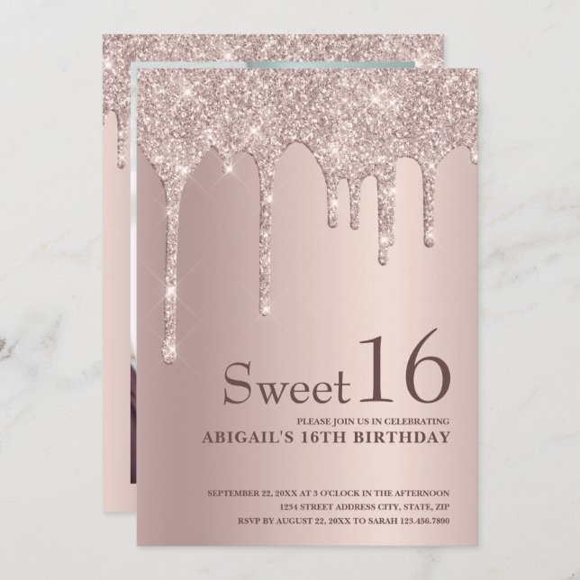 Convites Glitter rosa de ouro legante gota doce dezesseis (Frente/Verso)