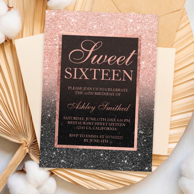 Convites Glitter rosa de ouro preto - glitter elegante - gi (Black rose gold glitter elegant chic Sweet 16 Invitation)