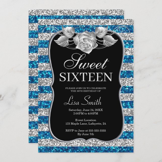 Convites Glitter Rosa de Prata Azul-Chic Elegante Sweet 16 (Frente/Verso)