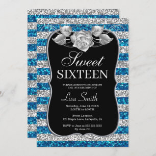 Convites Glitter Rosa de Prata Azul-Chic Elegante Sweet 16