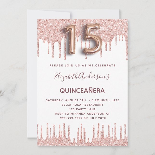 Convites Glitter rosa de Quinceanera dourado pinga rosa (Frente)