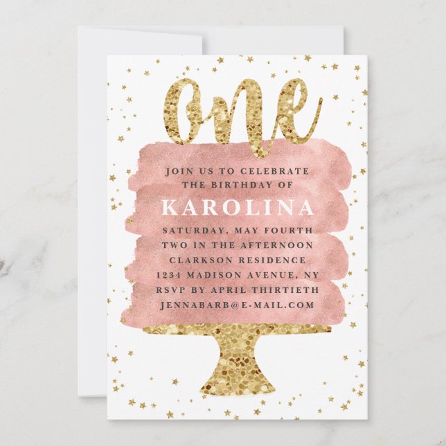 Convites Glitter & Rosa Dourado Bake Primeiro Aniversário (Frente)