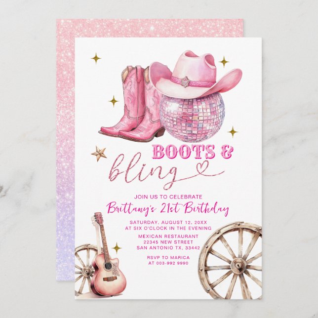 Convites Glitter rosa Dourado Boots and Bling aniversário d (Frente/Verso)