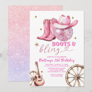 Convites Glitter rosa Dourado Boots and Bling aniversário d