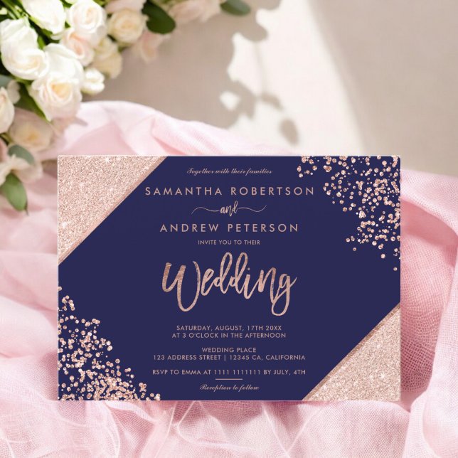 Convites Glitter Rosa dourado-chic confete marinho casament (Chic Rose gold glitter confetti navy blue wedding Invitation)