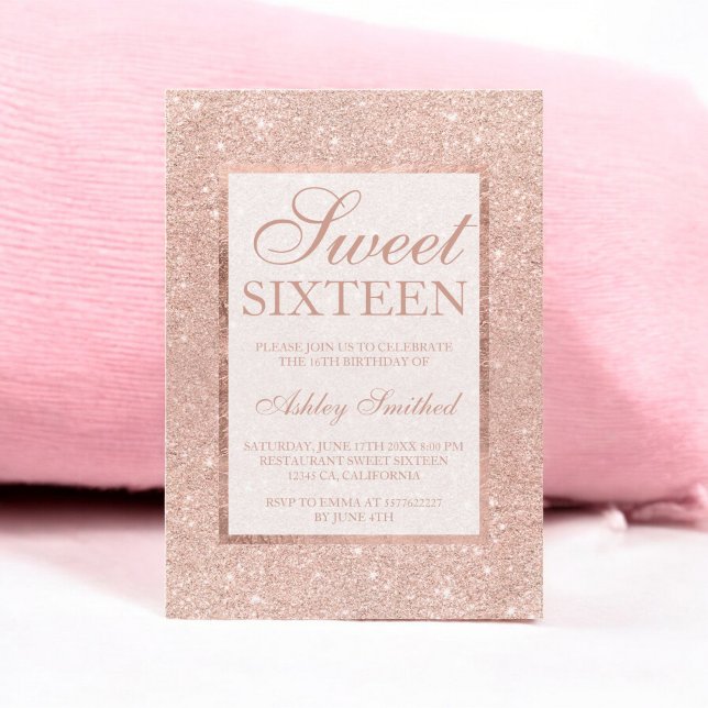 Convites Glitter rosa dourado, chic elegante moderno Sweet  (Rose gold glitter modern elegant chic Sweet 16 Invitation)