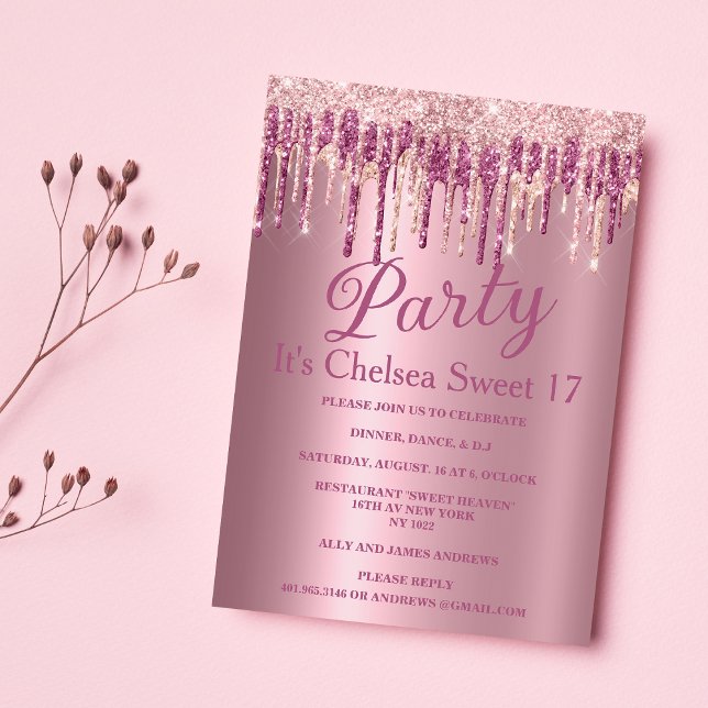 Convites Glitter rosa dourado com gradiente rosa pinga Doce (Pink gradient rose gold glitter drips Sweet 17)
