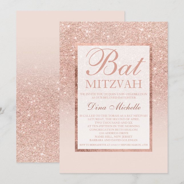 Convites Glitter rosa dourado elegante Bat Mitzvah (Frente/Verso)