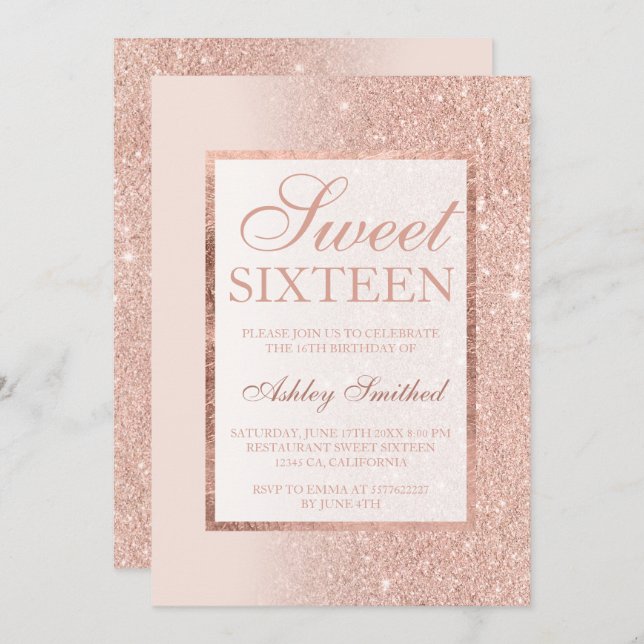 Convites Glitter rosa dourado elegante glitter Sweet 16 (Frente/Verso)
