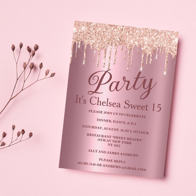 Convites Glitter rosa dourado, gradiente rosa, gotas Doce 1 (Pink gradient rose gold glitter drips Sweet 15 Invitation )