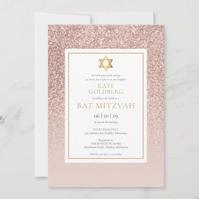 Convites Glitter Rosa Dourado Mitzvah (Frente)