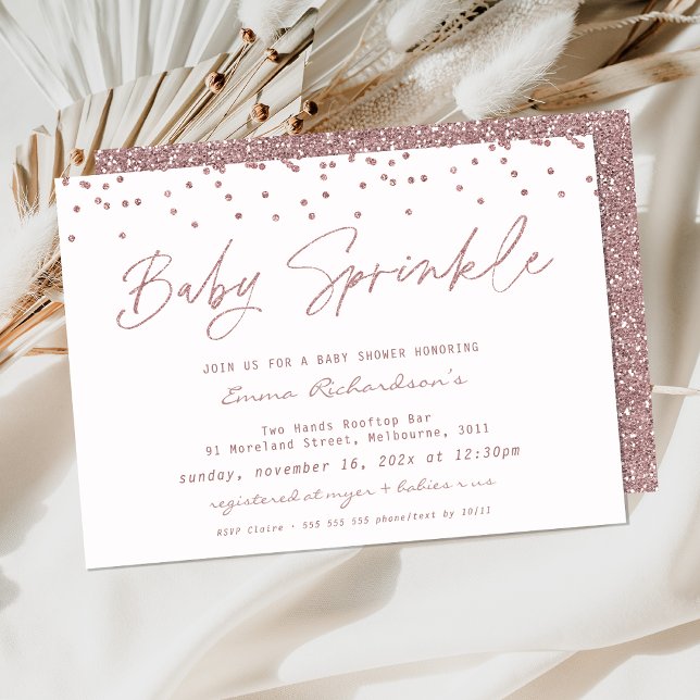 Convites Glitter Rosa Meninas Meninas Bebidas Espelhas Chá  (Rose Gold Baby Sprinkles Baby Shower Invite Confetti Glitter Dusty Pink Baby Sprinkle Baby Girl )