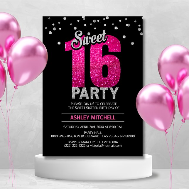 Convites Glitter Rosa Quente Espalha-se DOCE 16 (Hot Pink Glitter Sparkles SWEET SIXTEEN 16 Party Invitation)