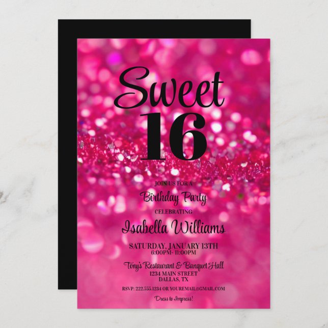 Convites Glitter Rosa Quente Glam Sweet 16 Aniversário (Frente/Verso)