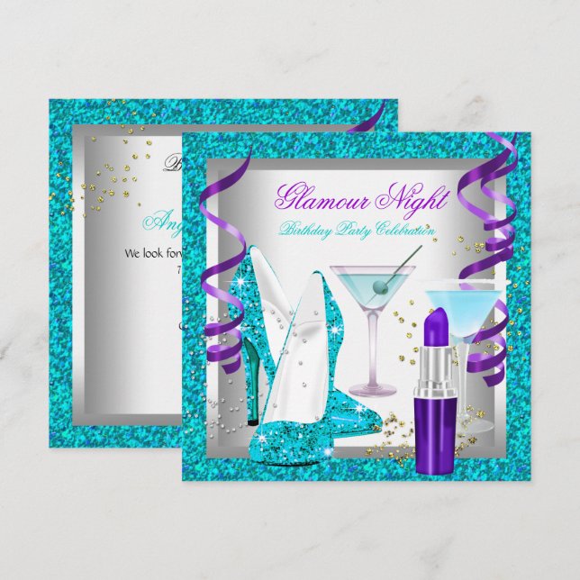 Convites Glitter Roxo Azul Glamour Noite Martini Festa (Frente/Verso)