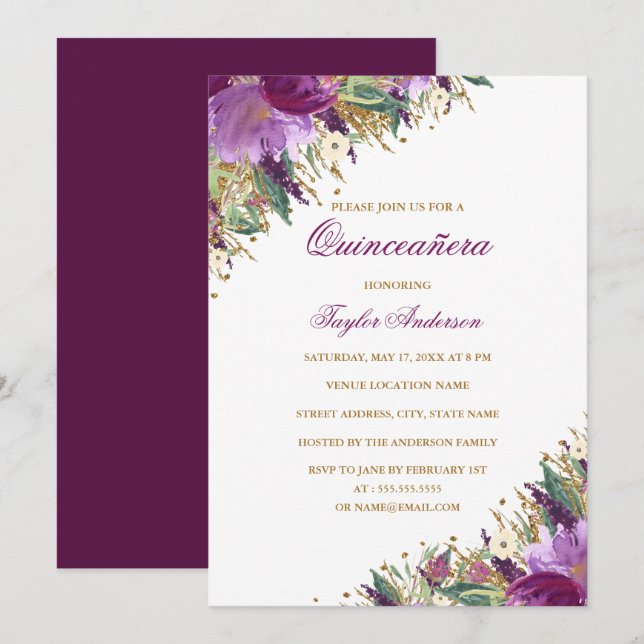 Convites Glitter Roxo Dourado Ametist Quinceanera Floral (Frente/Verso)