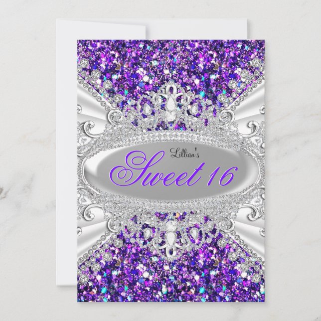 Convites Glitter Roxo e Diamante Tiara Sweet 16 (Frente)