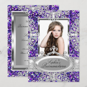 Convites Glitter Roxo e Glamor Diamante Quinceanera