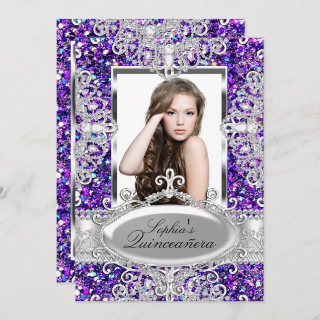 Convites Glitter Roxo e Glamor Diamante Quinceanera (Frente/Verso)