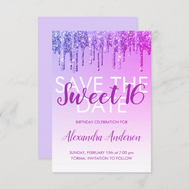 Convites Glitter roxo Sweet 16 Save the Date (Salvar a data (Frente/Verso)