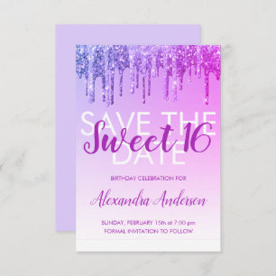Convites Glitter roxo Sweet 16 Save the Date (Salvar a data
