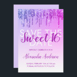 Convites Glitter roxo Sweet 16 Save the Date (Salvar a data<br><div class="desc">Moderno Roxo e Rosa Quente Espelho e Espalhamento Glitter Doce Dezesseis Salvem o Convite de aniversário de Data. Este convite é perfeito para uma Festa de aniversário Sparkle e Glitter Sweet 16 que procura celebrar no estilo.</div>
