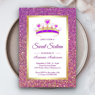Convites Glitter Roxo Tiara Princess Sweet