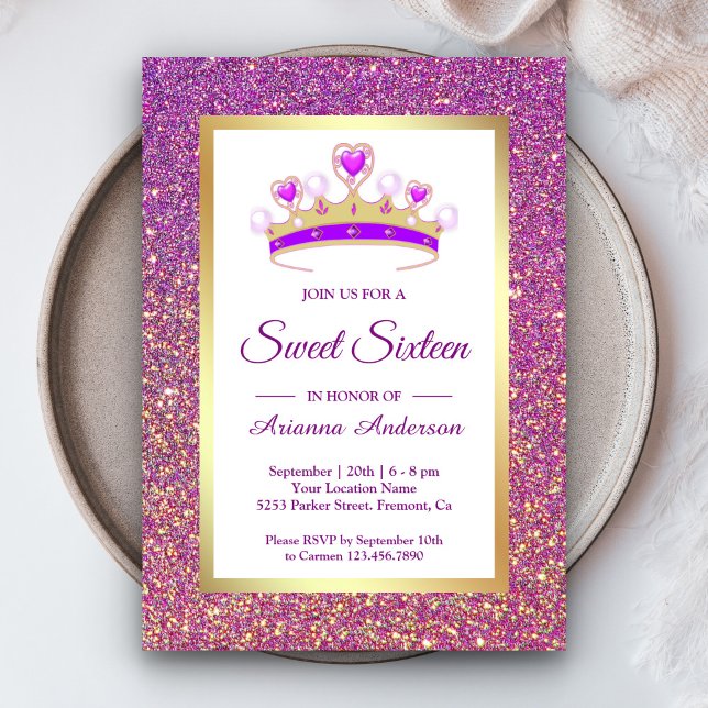 Convites Glitter Roxo Tiara Princess Sweet (Criador carregado)