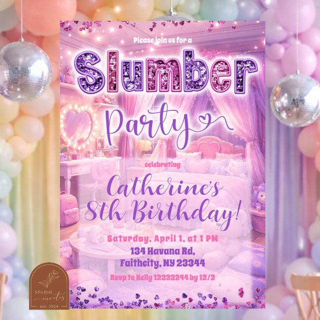 Convites Glitter Sequin Pink Purple Sleepover Party (Criador carregado)